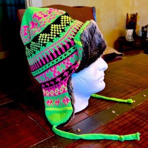 SNOWMAN Neon Pattern Faux Fur Trooper Beanie